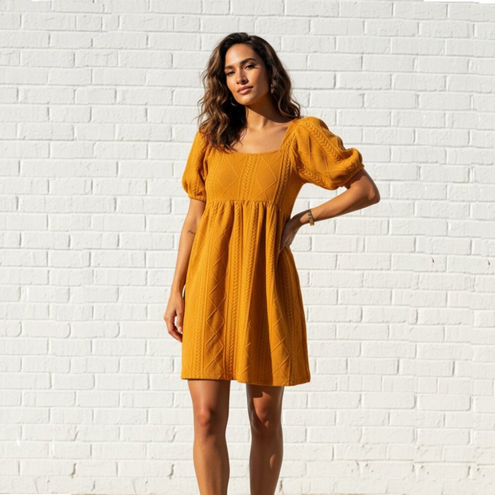 Cable knit mini dress- Stretchy , back ribbon tie